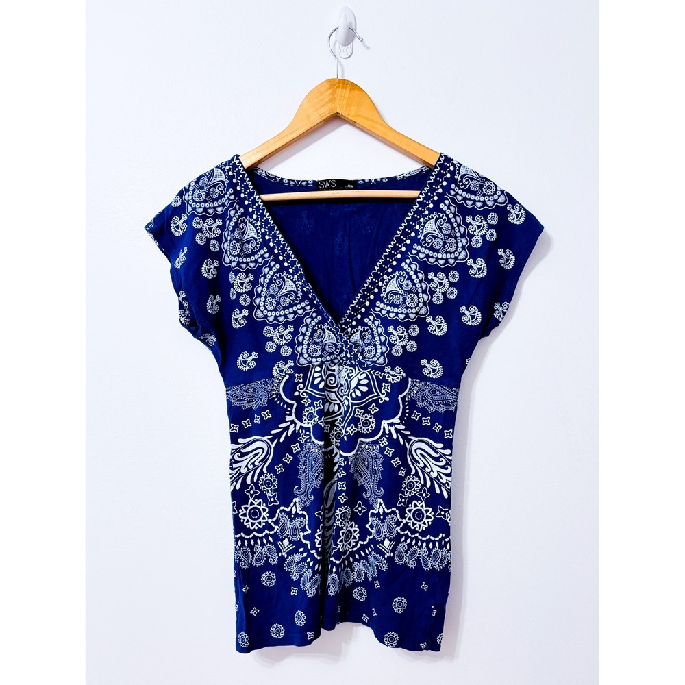 STREETWEAR SOCIETY Blue paisley wrap top | Bohemian Y2K | Medium